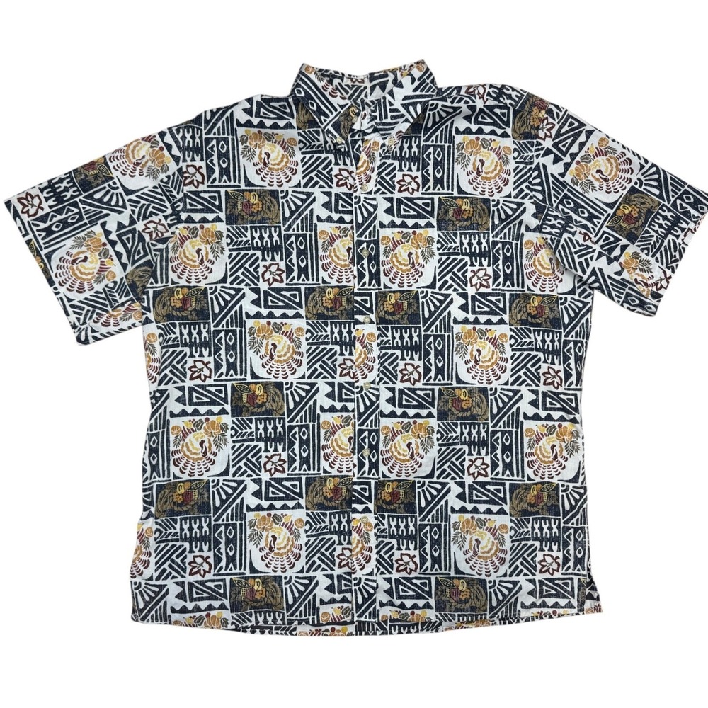 Reyn Spooner Thanksgiving Turkey Tribal Print Hawaiian Shirt Mens 3XL White Navy - Picture 2 of 7